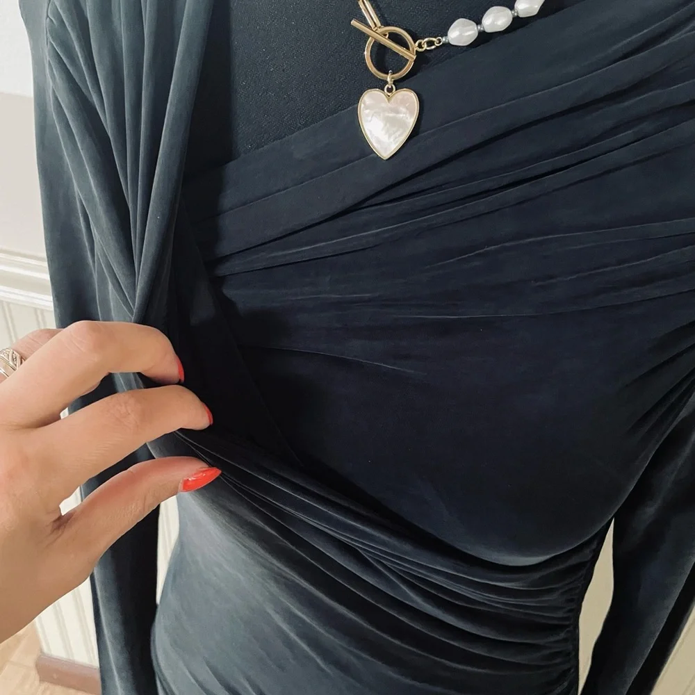 🆕 All Saints Hanako Long Sleeve Ruched Dark Gray Asymmetrical Dress 8UK (4US) - Picture 12 of 16
